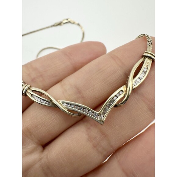 925 Sterling Silver Gold Vermeil Genuine Diamond Chevron Necklace 17” Read